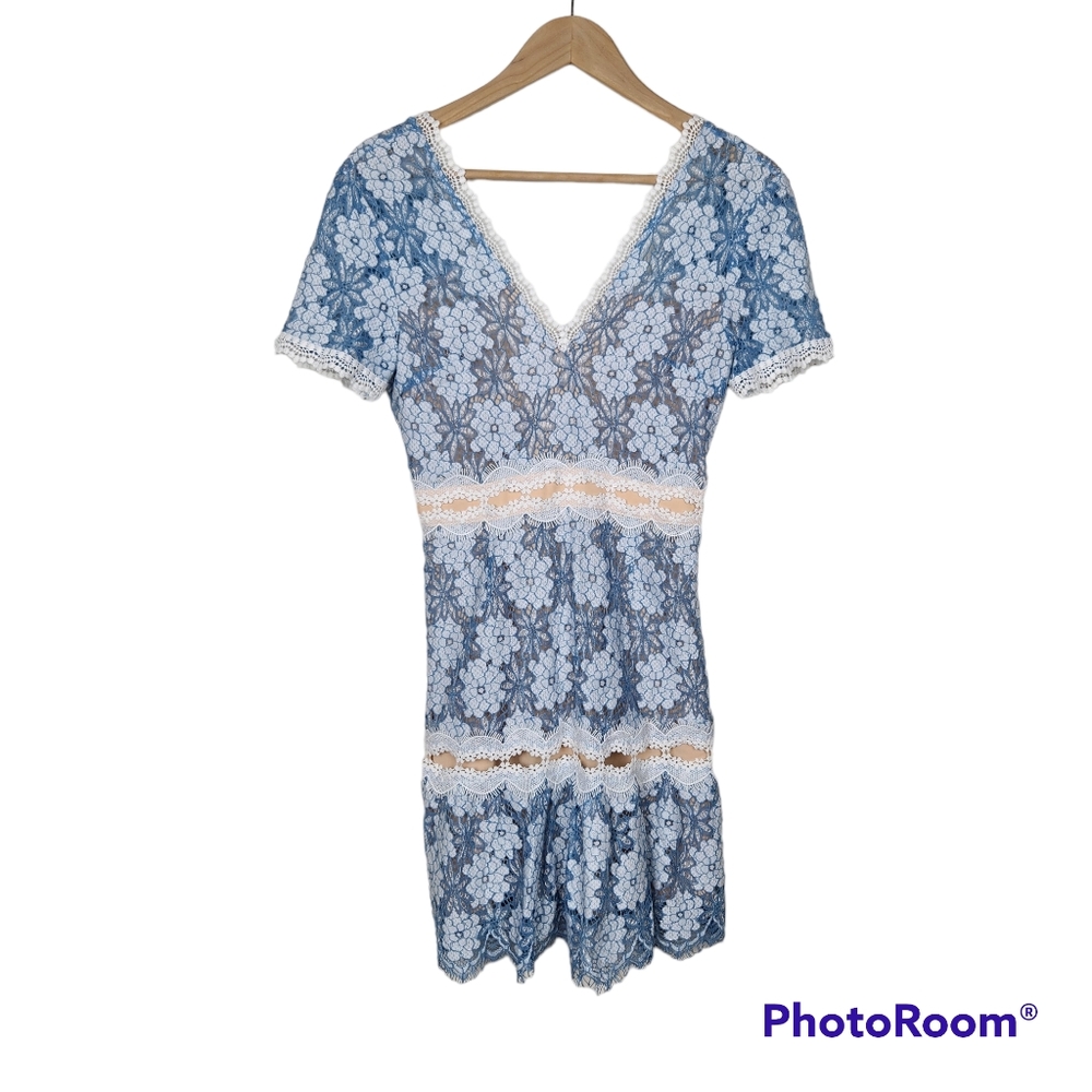 Foxiedox Blue White Floral Lace V Neck Open Back Mini Dress Sz S